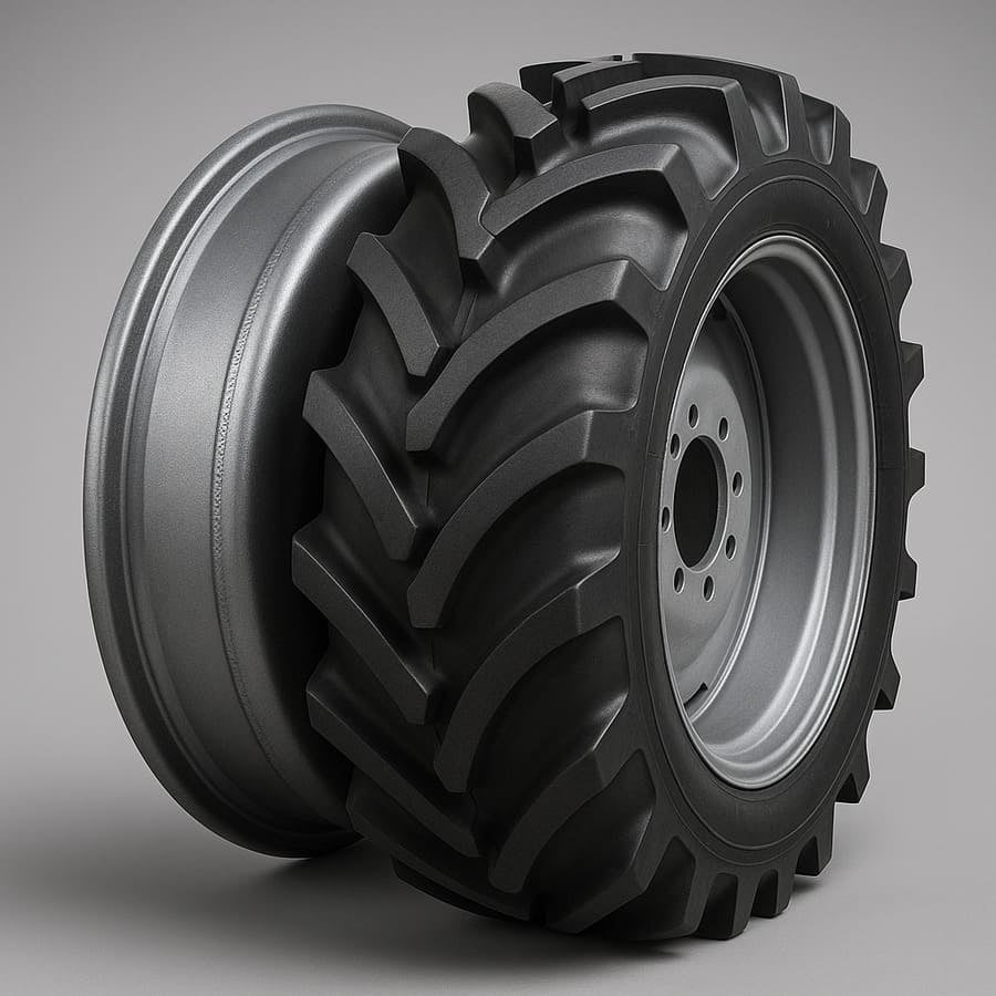 An image of a complete wheel assembly: a paddy field rim paired with a high-lug R2 agricultural tire.