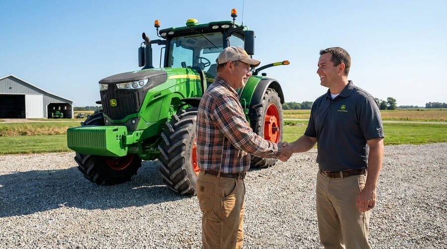 A modern, high-speed tractor driving smoothly on a paved road, connecting two fields.