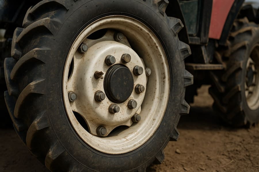 A shocking image of a tractor wheel with several sheared-off bolts, illustrating the result of a lug-centric failure.
