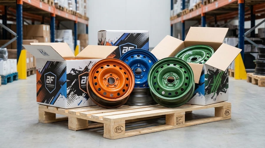 A collection of wheel rims painted in various custom colors, alongside custom-designed branded boxes.