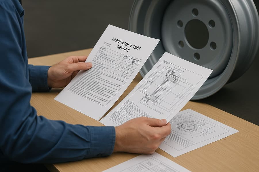 An image of an engineer reviewing technical documents and lab reports with a wheel in the background.
