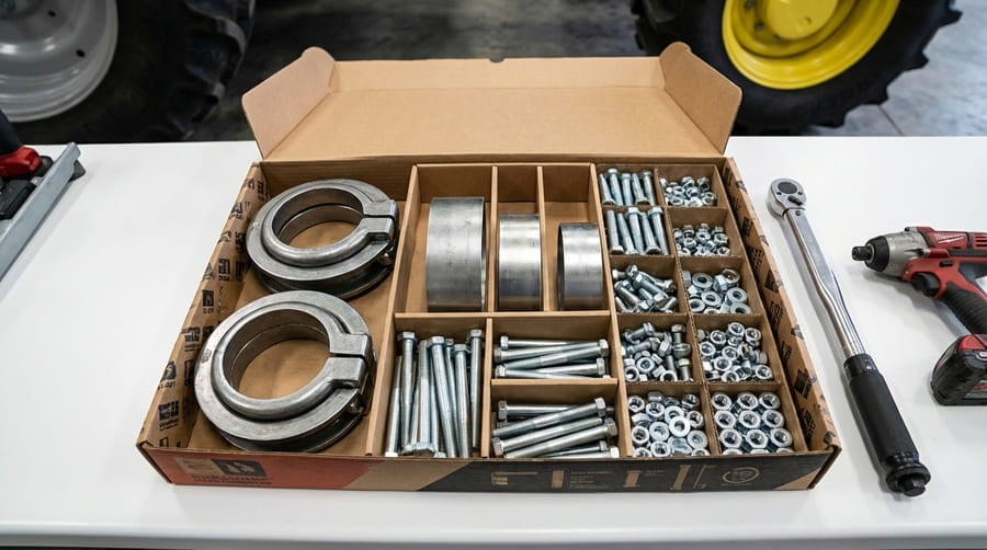 An organized kit showing dual wheel clamps, spacers, and all necessary bolts laid out neatly.
