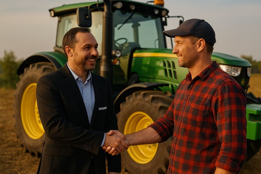 A confident image of a Gescomaxy account manager shaking hands with a satisfied dealer in front of a tractor.