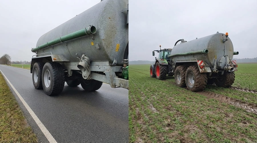 An image of a truck with standard highway tires driving on a paved road, contrasted with a farm trailer on flotation tires in a field.
