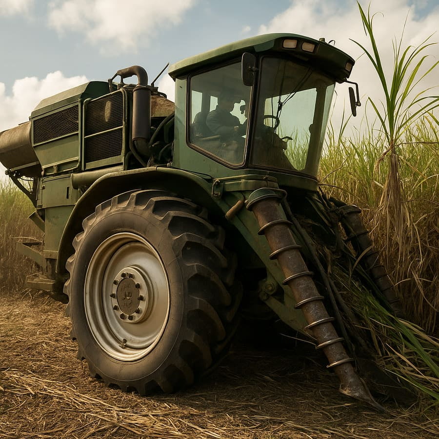 An image of a sugarcane harvester working confidently in the field, with a focus on the new, reliable wheels.