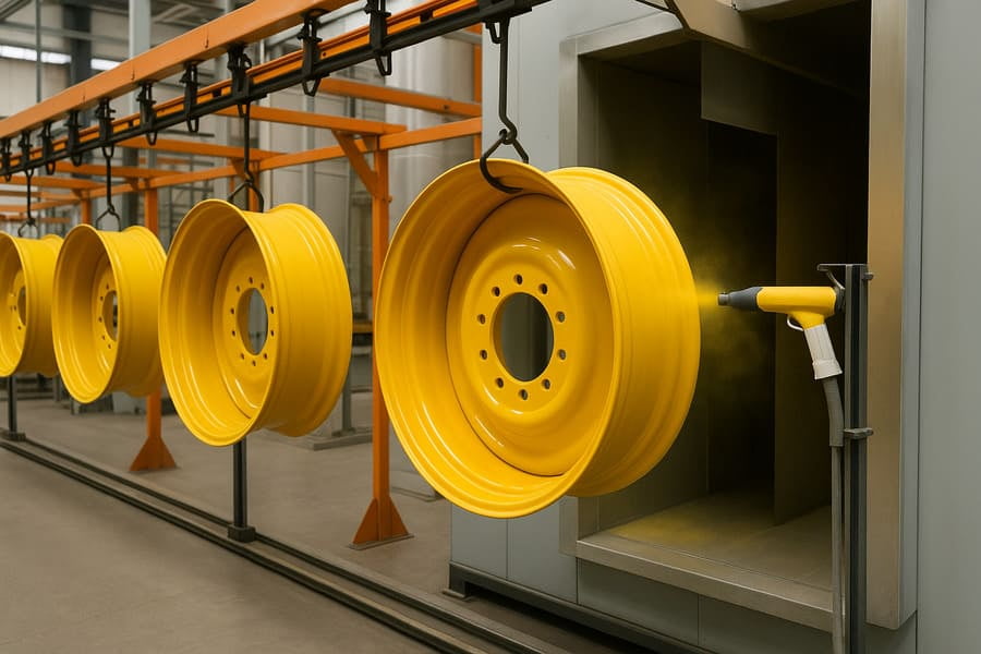 A clean, modern factory setting showing an automated powder coating line for agricultural rims.