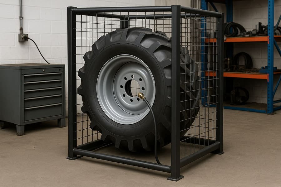 An agricultural tire being inflated safely inside a heavy-duty steel inflation cage in a workshop.