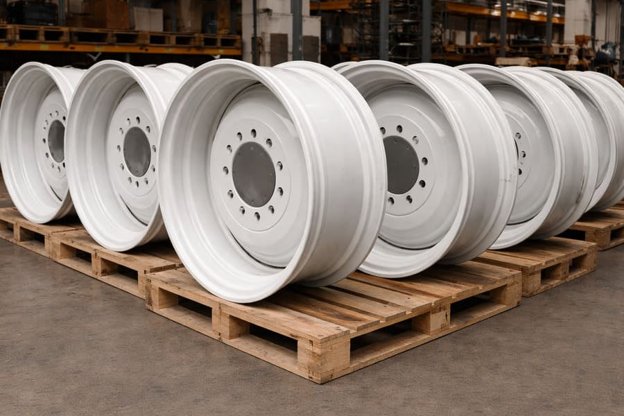 A lineup of clean, simple, and cost-effective agricultural rims ready for shipment.