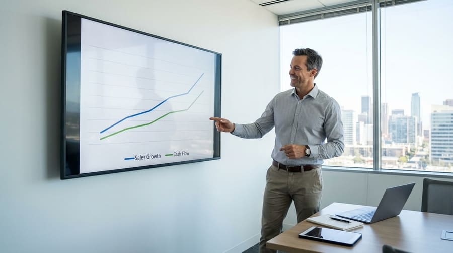 A business owner looking confidently at a chart showing positive growth and cash flow.