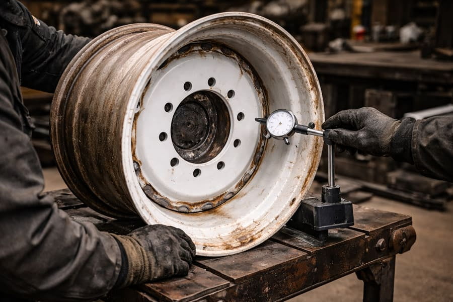 A technician carefully measuring the concentricity of a newly welded rim in a workshop.