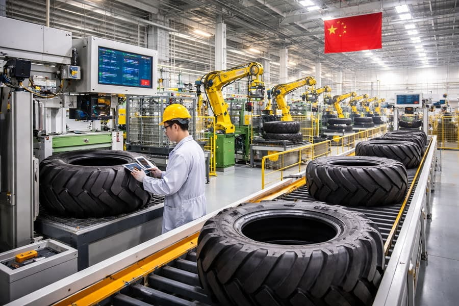 An image of a modern, clean tire factory in China with automated machinery and quality control stations.