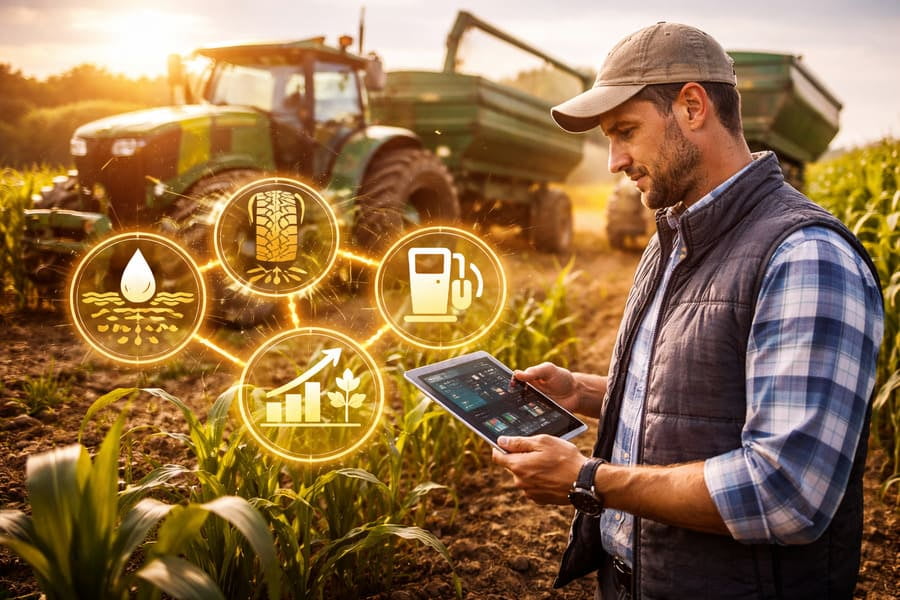 A farm manager looking at a tablet displaying data on tire performance, soil health, and equipment uptime.