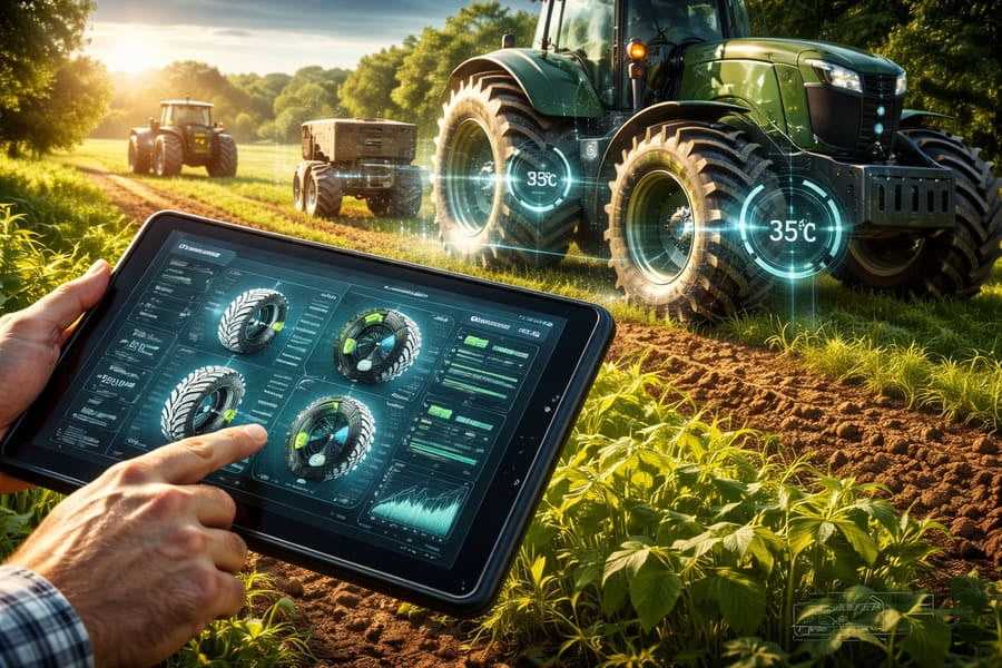 A tablet interface showing real-time data from smart tires on a fleet of agricultural vehicles.
