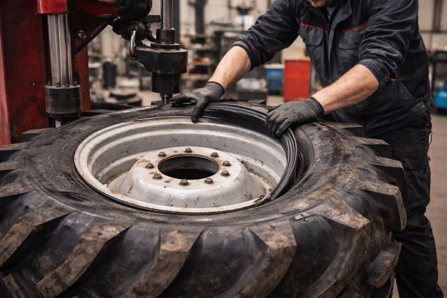 A technician carefully mounting a large agricultural tire onto a wheel