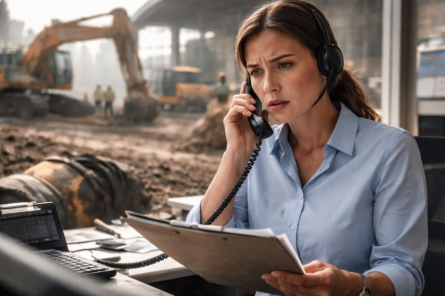 A customer service representative on the phone looking concerned, with industrial equipment in the background