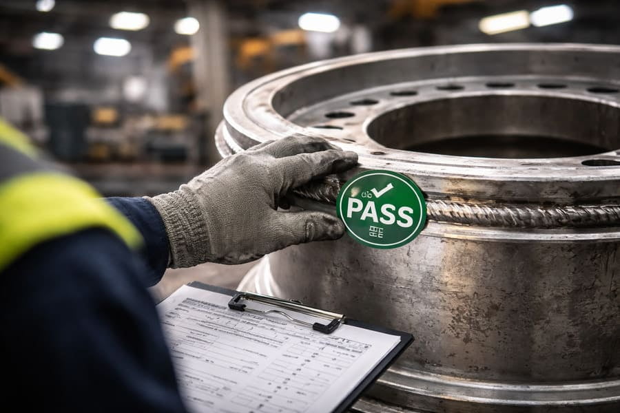 A quality control inspector putting a green "PASS" sticker on a finished OTR wheel