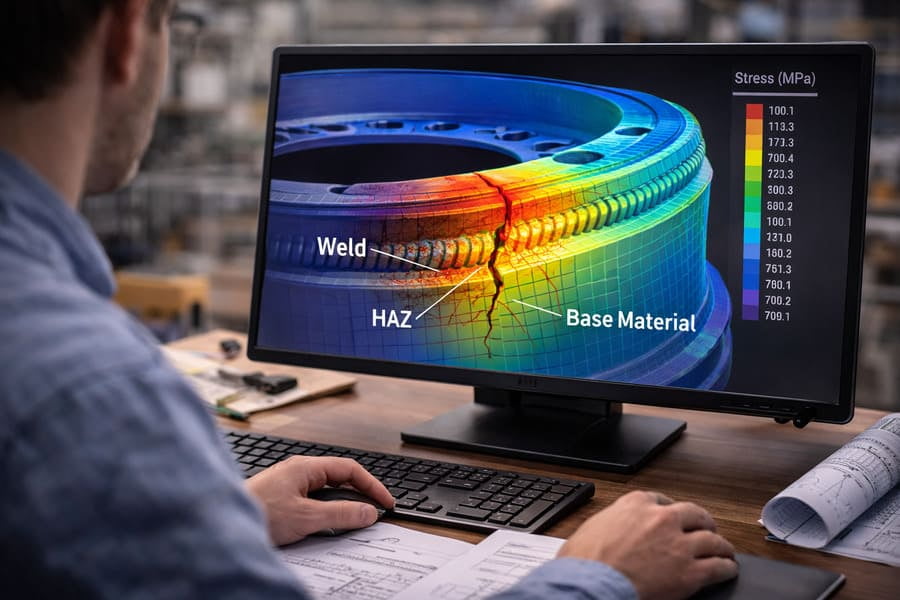 An engineer reviewing a Finite Element Analysis (FEA) model of a wheel, showing stress gradients