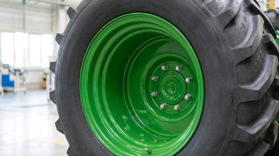 A close-up of a pristine, perfectly mounted agricultural tire and wheel assembly with a flawless paint finish.