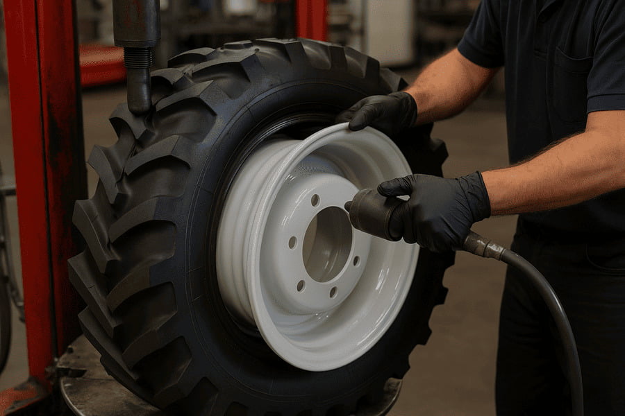 A technician mounting a tire onto a wheel rim, ensuring a perfect seal.