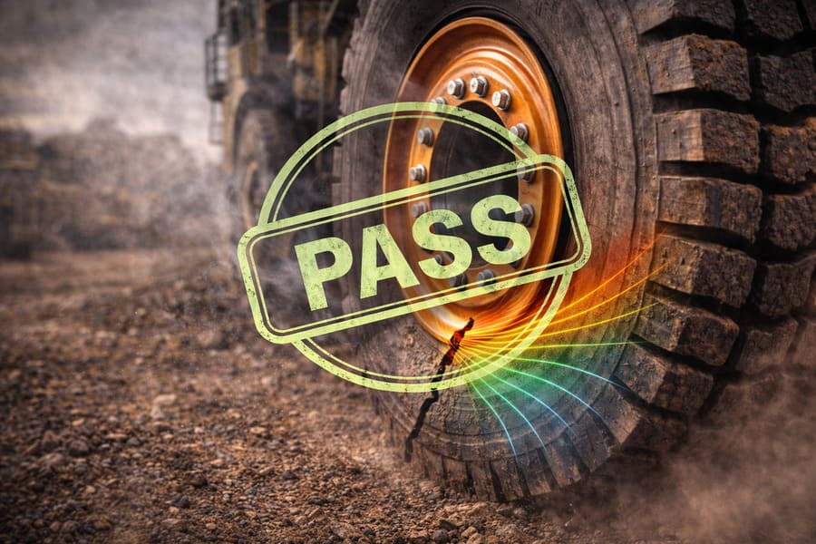 A diagram showing multiple force vectors (radial, impact, tension) all acting on a single OTR wheel at once