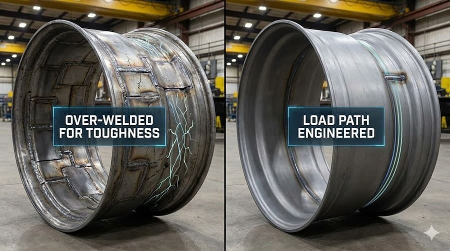 A split image: one side shows a checklist of specs, the other shows a mining truck operating on a steep, rocky incline