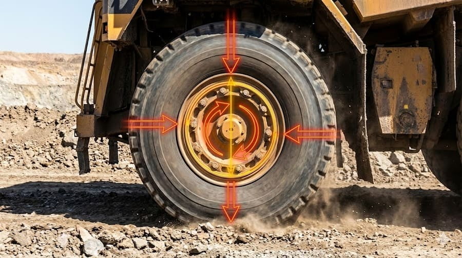 A machine operating in a harsh environment, with lines showing the complex forces acting on the wheel
