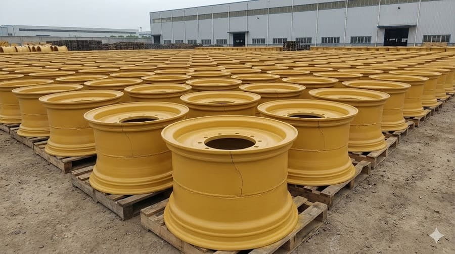 An image of a yard full of identical OTR wheels, all with the same crack in the same location