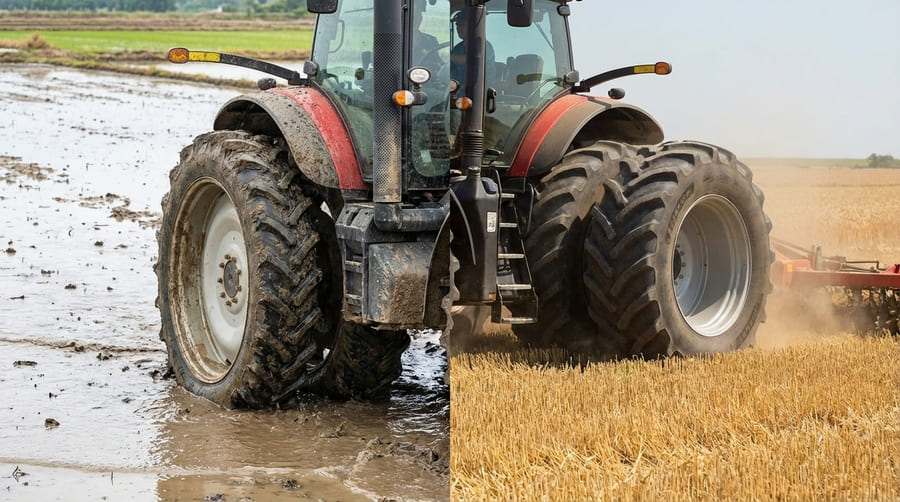 A split image showing a narrow paddy wheel on one side and a wide flotation wheel for dryland farming on the other.