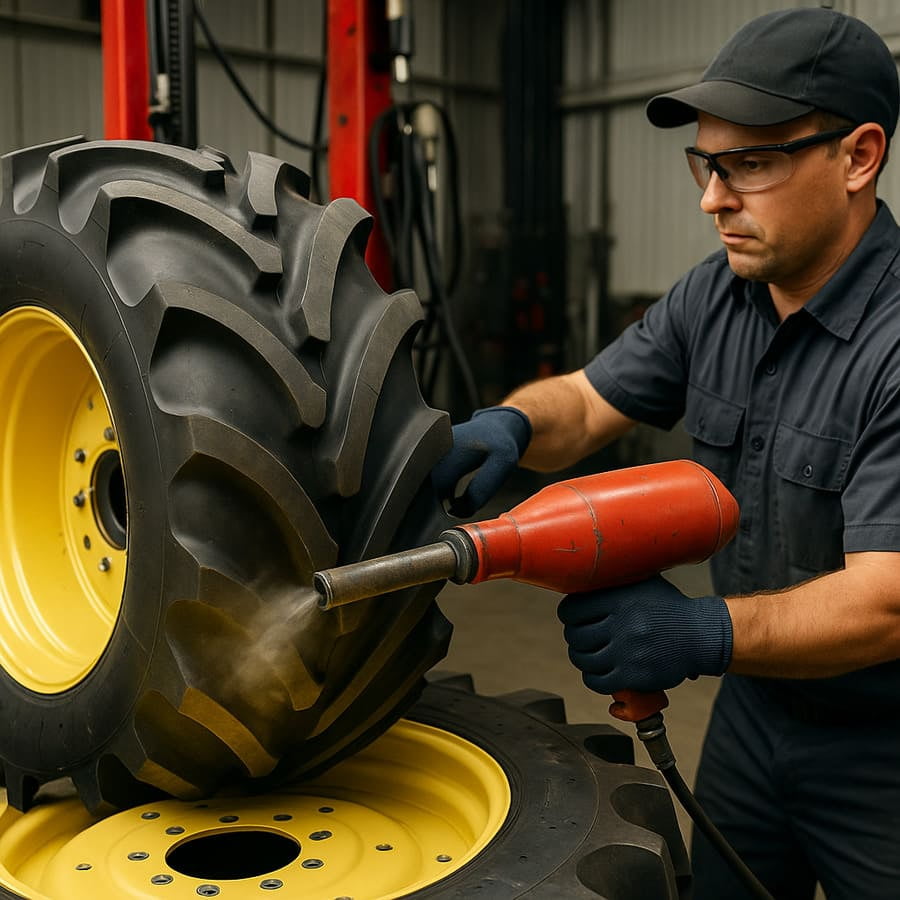 A technician in a professional workshop using a high-pressure air blaster to seat the bead of a large tubeless tire.