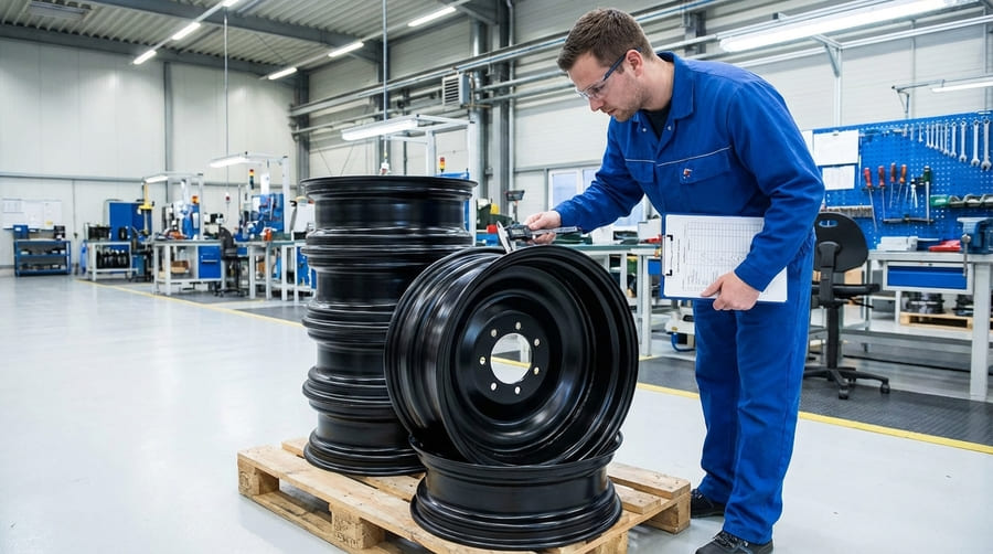 A quality control inspector meticulously checking a small stack of finished rims with inspection tools.