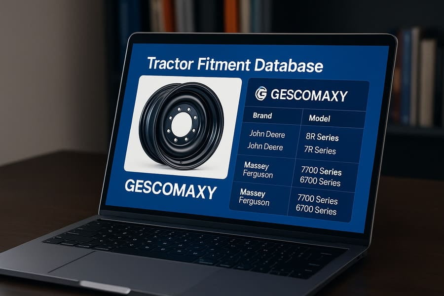 An image of a database or software interface showing a Gescomaxy wheel matched with compatible John Deere and Massey Ferguson tractor models.