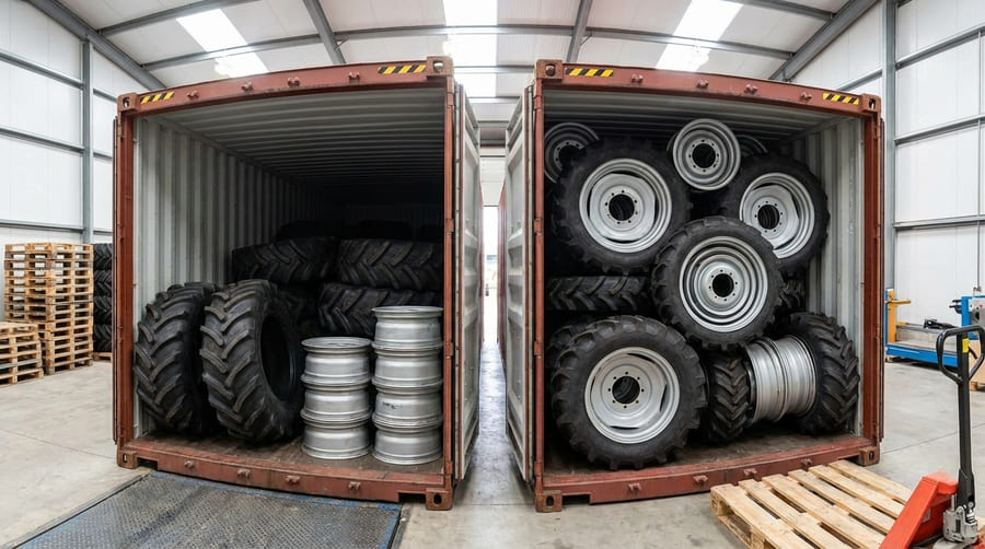 A simple infographic comparing two shipping containers: one with loose parts and lots of empty space, the other packed tightly with assembled wheels.