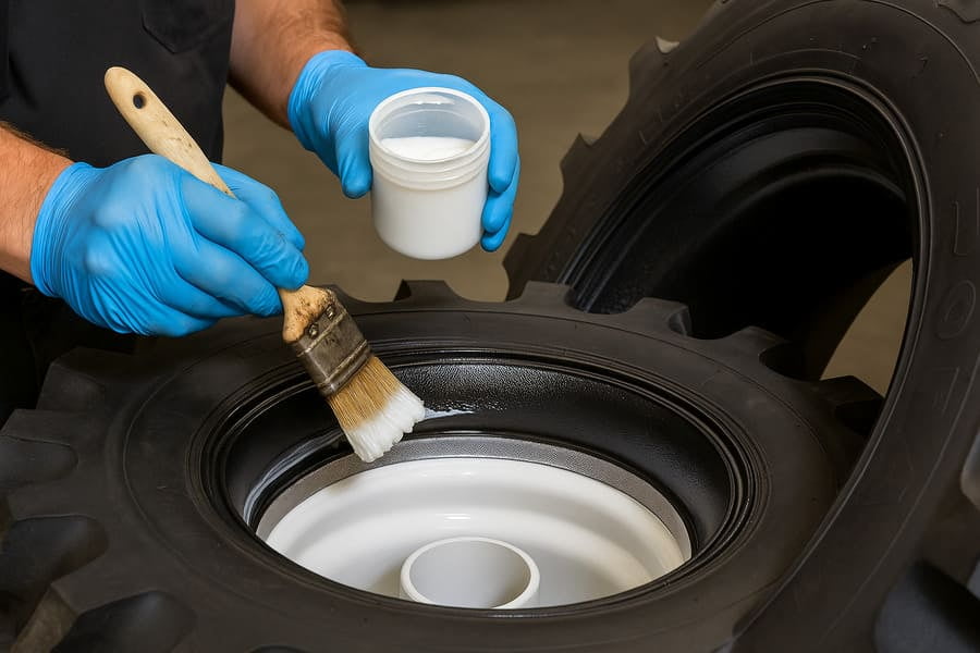A photo of a technician applying a professional mounting lubricant to a tire bead before assembly.