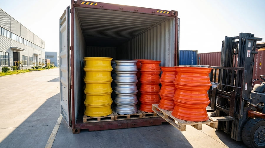 A shipping container being loaded with stacks of rims in different OEM colors like yellow, silver, and orange.
