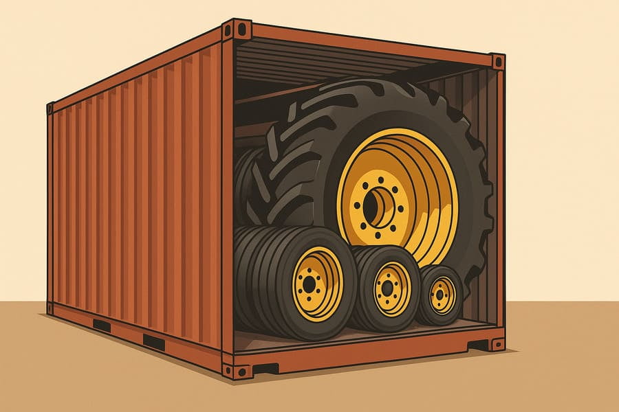 A cutaway view of a large tractor wheel in a shipping container, showing smaller implement wheels neatly packed inside.