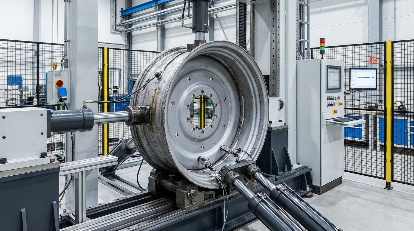 A steel rim being subjected to a stress test on a specialized machine in a lab.