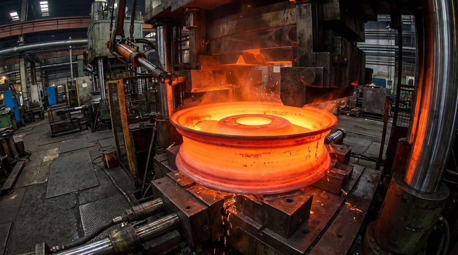 A glowing hot steel rim being precision-formed by an automated industrial press.