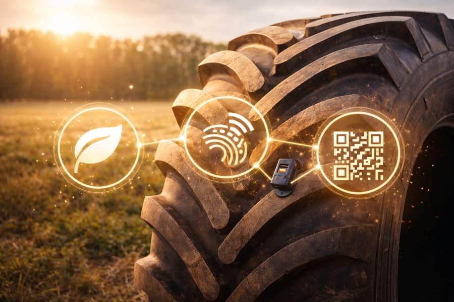 A tire with icons overlaid, representing sustainability (a leaf), smart sensors (a Wi-Fi signal), and traceability (a QR code).