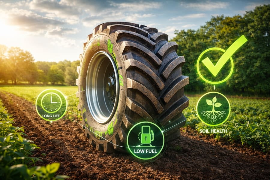 A tire with icons for longevity, low fuel consumption, and soil health, with a green checkmark next to it.