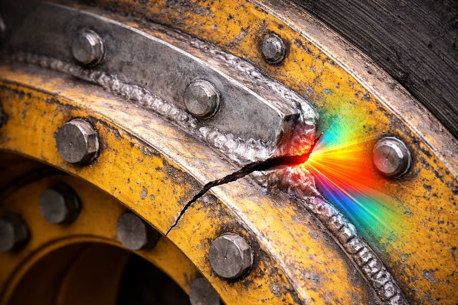 A simple, clean OTR wheel design next to a complex, over-welded one with multiple failure points highlighted