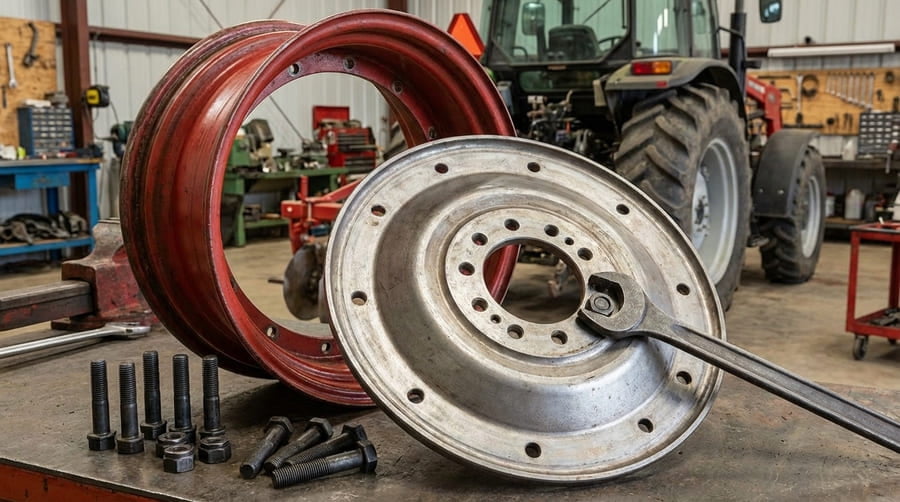 A diagram showing how an adjustable rim's disc center can be moved to change the track width.