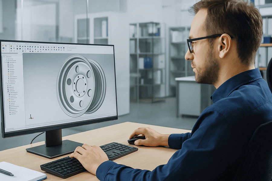 An engineer's computer screen showing a 3D CAD model of a custom wheel design.