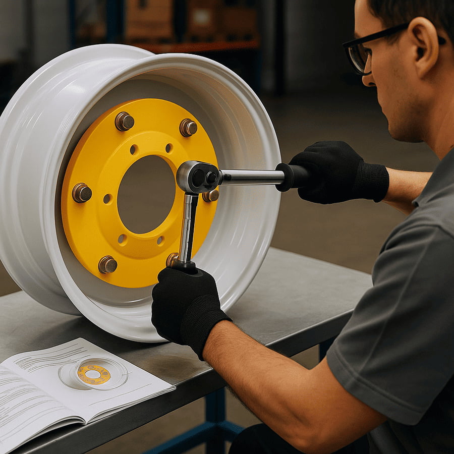 A technician using a torque wrench to assemble a modular rim, with a guide book open nearby.