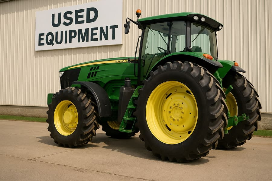 An image of a clean, well-maintained used tractor for sale, with its wheels looking sharp.