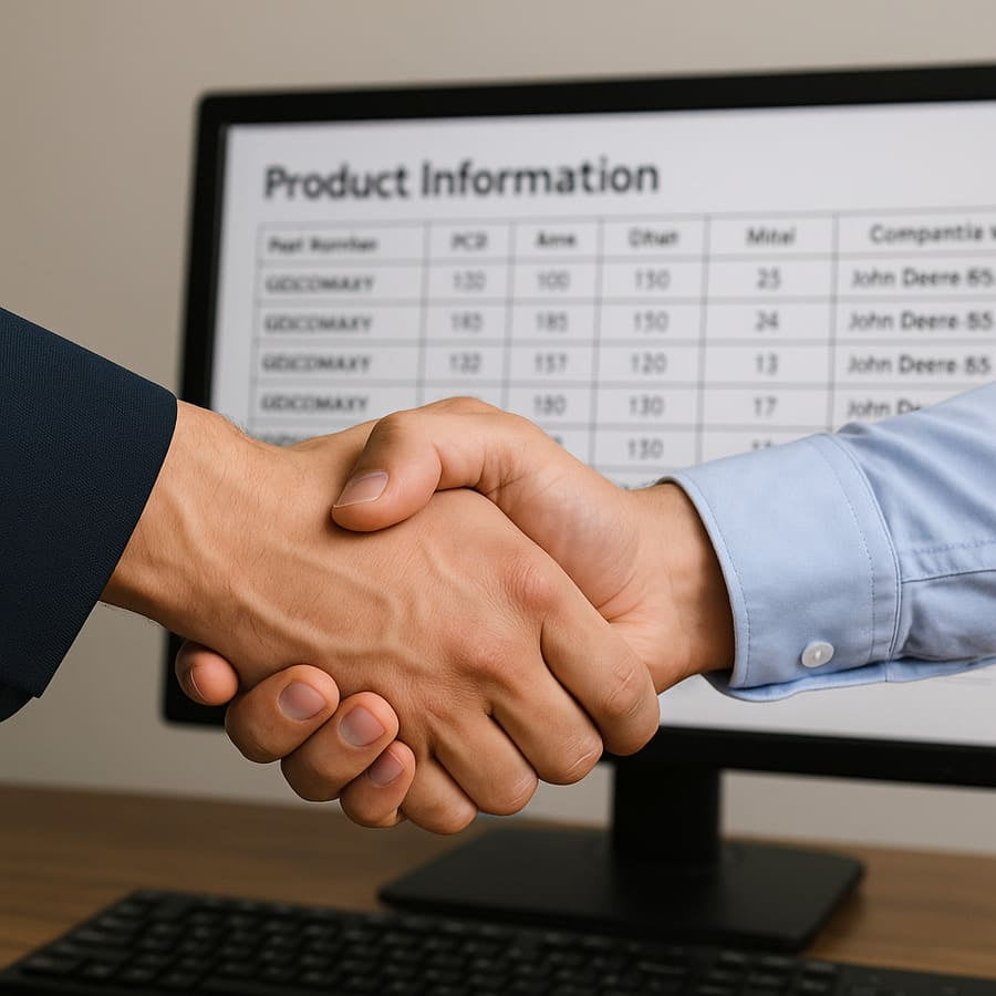An image of a handshake in front of a computer screen displaying product data, symbolizing a partnership.