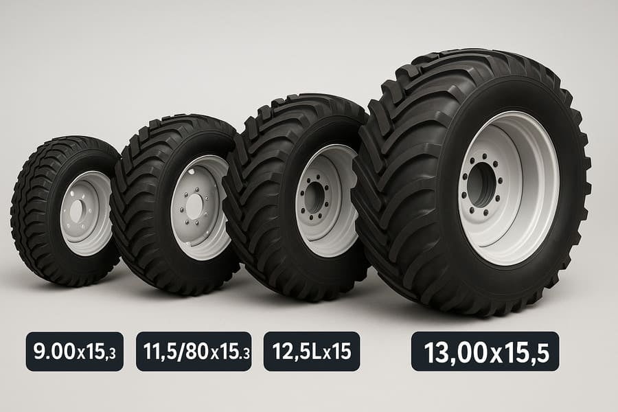A lineup of the recommended implement wheel sizes, such as 9.00x15.3 and 13.00x15.5.