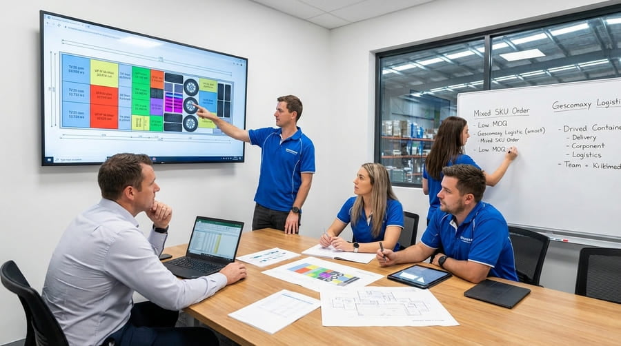 A photo of the Gescomaxy team working with a client to plan a mixed container shipment.