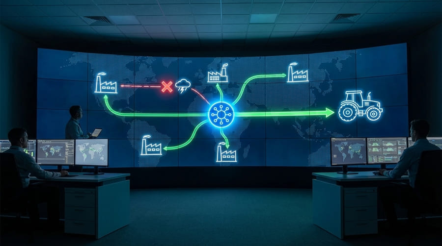 A diagram showing a central dealer connected to multiple, geographically diverse factories.