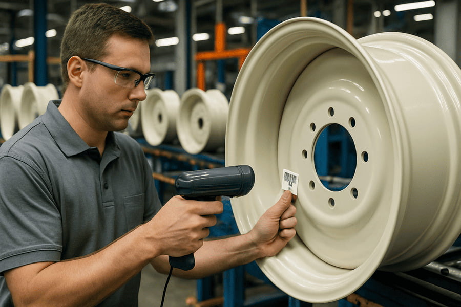 A quality control inspector using a barcode scanner to track a wheel on the production line.
