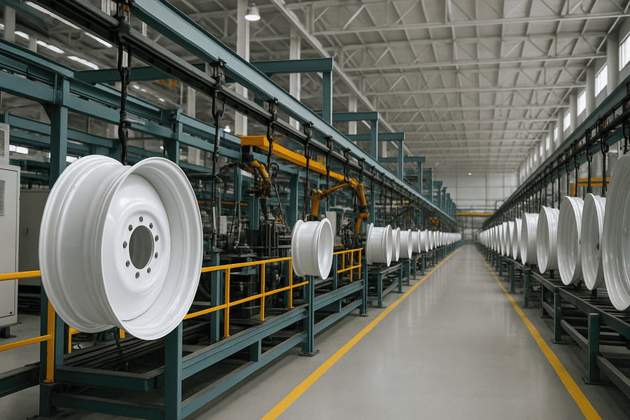 A view of multiple automated production lines for agricultural wheels in a clean factory.
